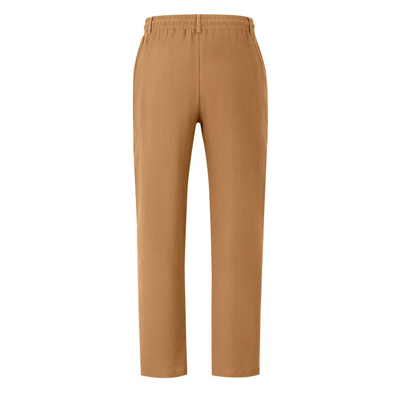 Men's Boho Linen Blend Wide Leg Pants High Waist Drawstring Button Fly Loose Fit Trousers with Side Pockets