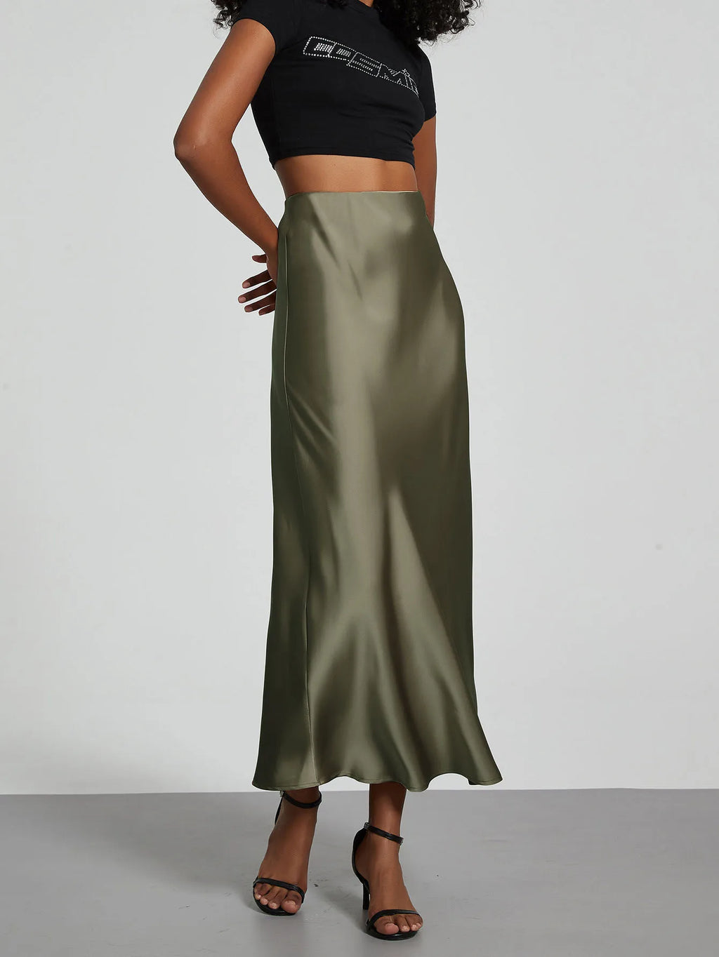 Minimalist Satin Midi Skirt  High Waist Bias Cut Flowy Hem Top for Office & Casual Streetwear