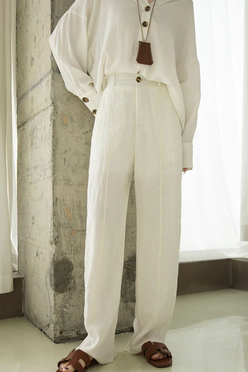 Women's Linen Lyocell Blend Wide Leg Pants Solid Color Versatile Casual Loose Straight Pants Spring Summer High Waist Trousers