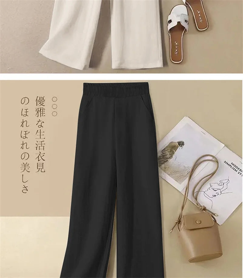 Linen Wide Leg Pants Women New Summer Thin Elastic High Waist Long Pants Autumn Casual Loose Cotton And Linen Straight Trousers