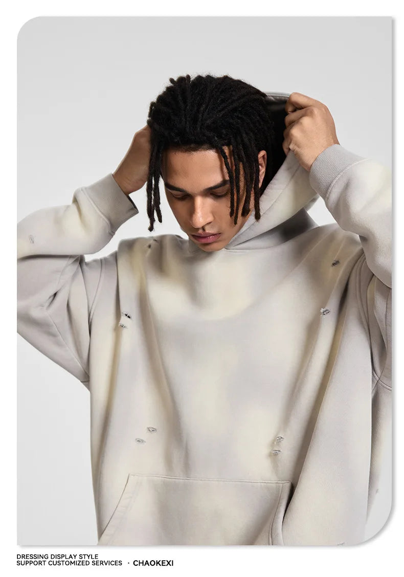 Oversized Hoodies Men Vintage Streetwear Acid Wash Ripped Hoodie Heavyweight Fleece Sweatshirt Pullover Thickened Winter Clothes
