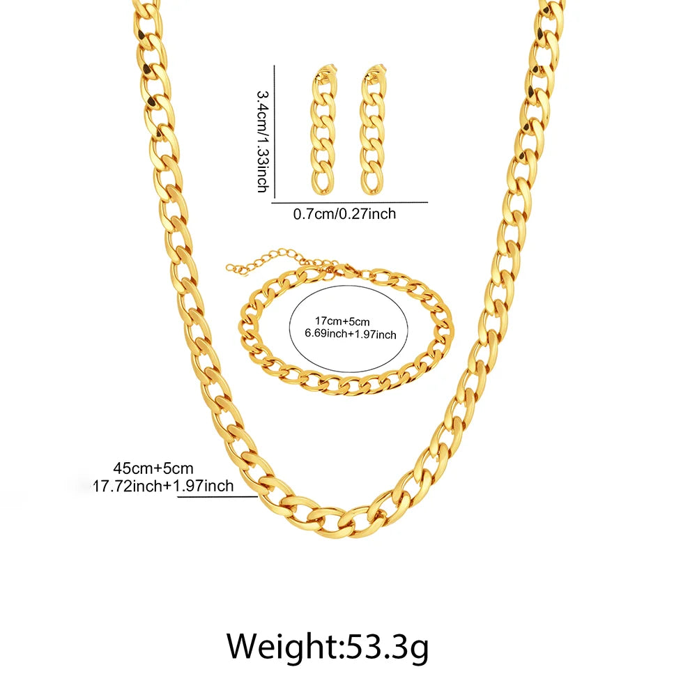 Stainless Steel Minimalist Cuban Chain Necklace, Earrings, And Bracelet Set Women's Fashionable, Unique, Trendy Vintage Jewelry