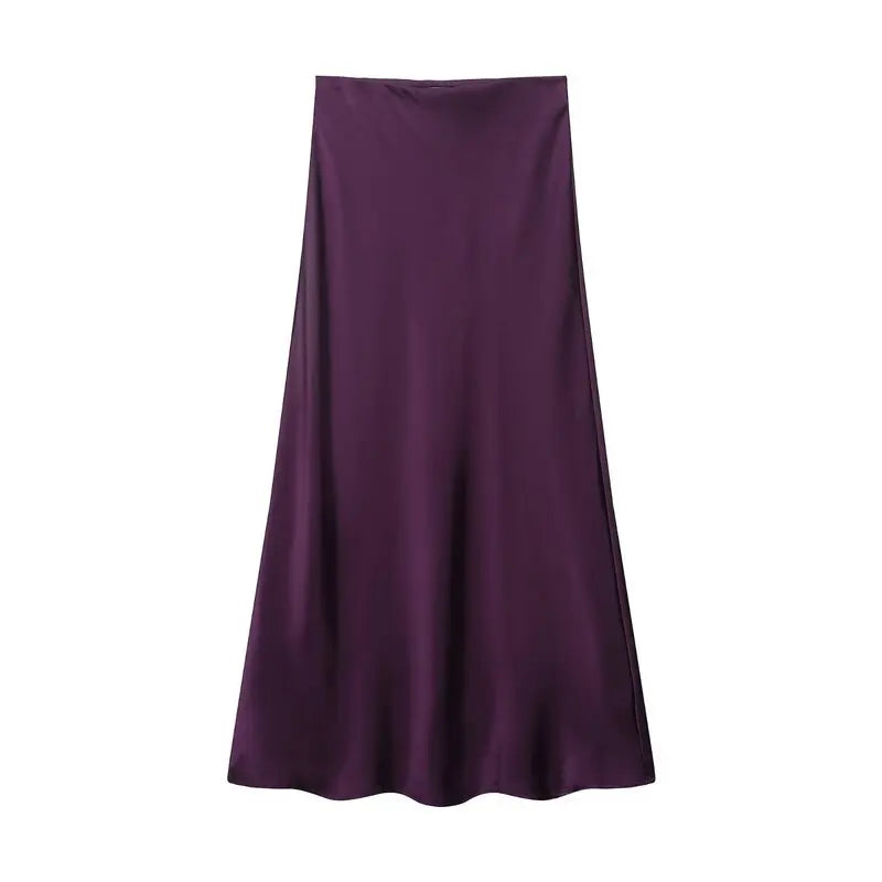 Silk Satin High Waist Slimming Casual Midi Skirt Pure Color Spring 2025 Women's Faion f-length A-line Skirt