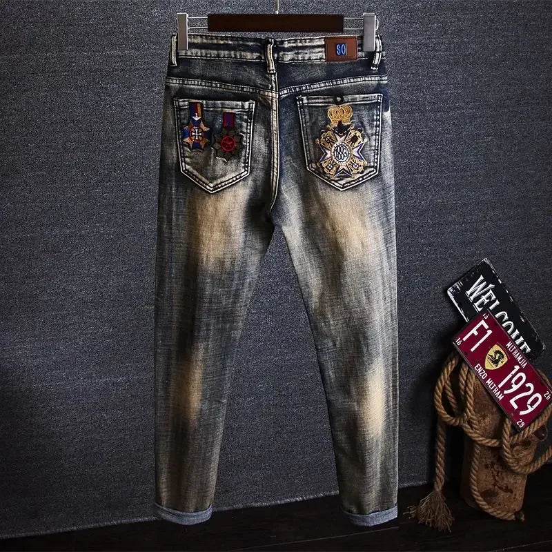 Trousers Torn Men's Jeans Embroidery Man Cowboy Pants with Holes Graphic Broken Ripped Cropped Retro Luxury Plus Size Cheap Goth