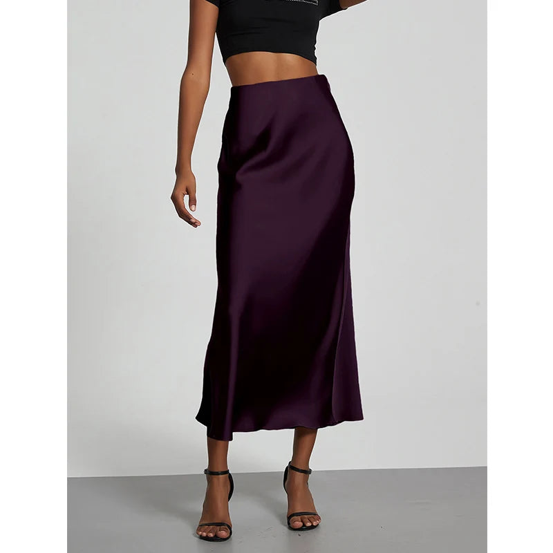 Minimalist Satin Midi Skirt  High Waist Bias Cut Flowy Hem Top for Office & Casual Streetwear
