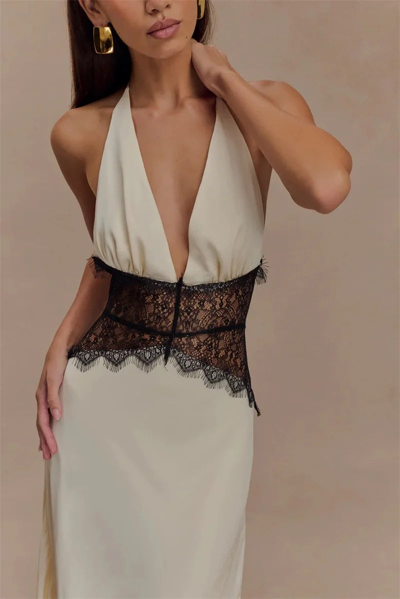 2025 Summer Backless Sexy Maxi Dress Women White Black Gown Lace Patchwork Halter Deep V Neck Sleeveless Party Club Long Dresses