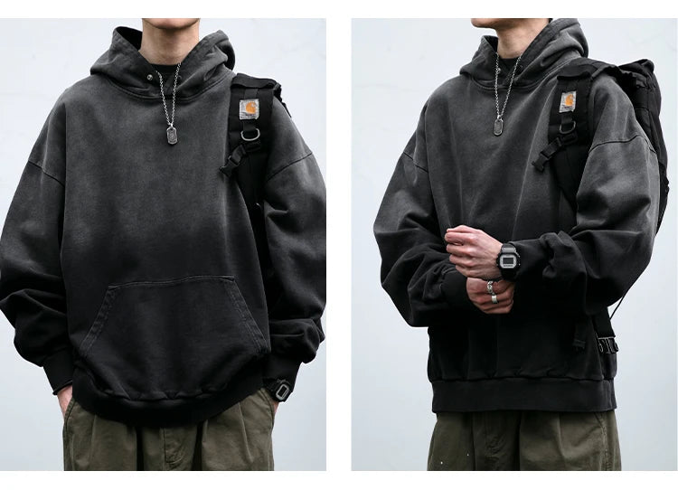 Mens Heavyweight Cotton Hoodie Oversized Streetwear Spring Autumn Garment Dyed Washed Ombre Pullover High Quality Sweatshirt