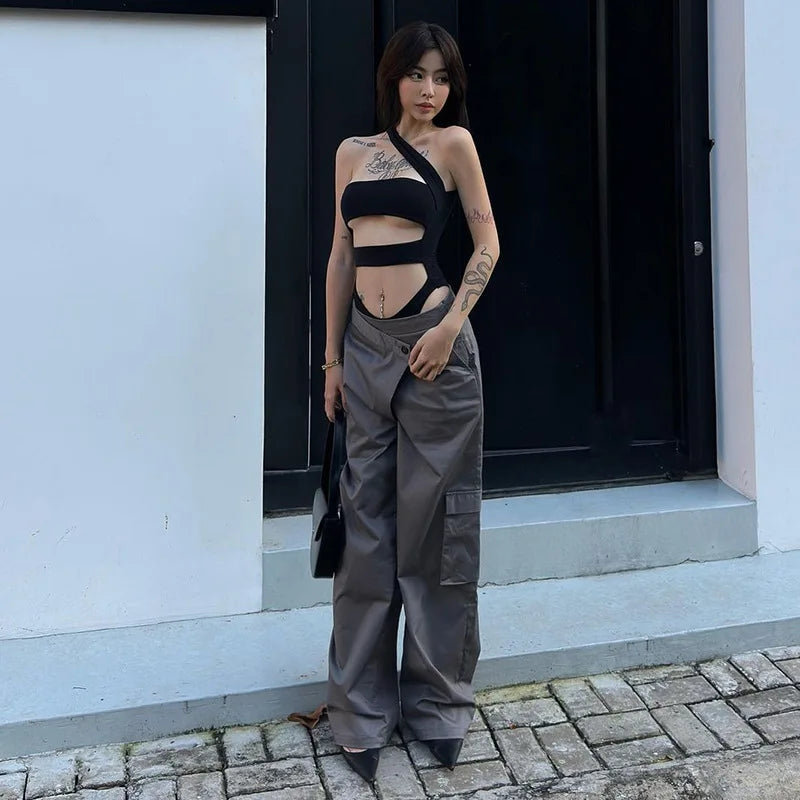 Solid Black Bodysuit Lingerie Sexy Tops For Women Club Outfit Inclined Collar Body Feminino One-pieces Hollow Out Y2k Clothes