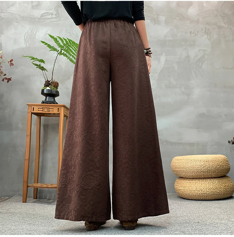Ele Embroidered Cotton Linen Wide Leg Pants Women's Casual High Waist Trousers Spring Autumn New Sle Comfortable Loose Fit