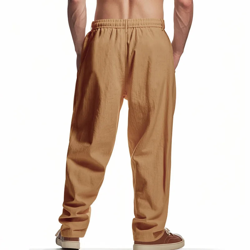 Men's Boho Linen Blend Wide Leg Pants High Waist Drawstring Button Fly Loose Fit Trousers with Side Pockets