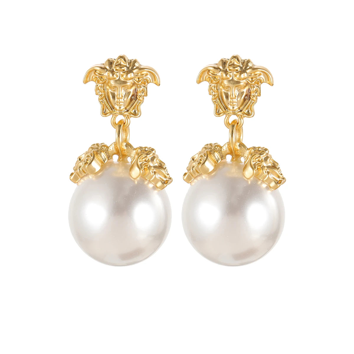 Baroque-style Pearl Pendant Earrings with Portrait Motifs, Women's Vintage Gold-Plated Medusa Pendant Earrings, Courtly Style