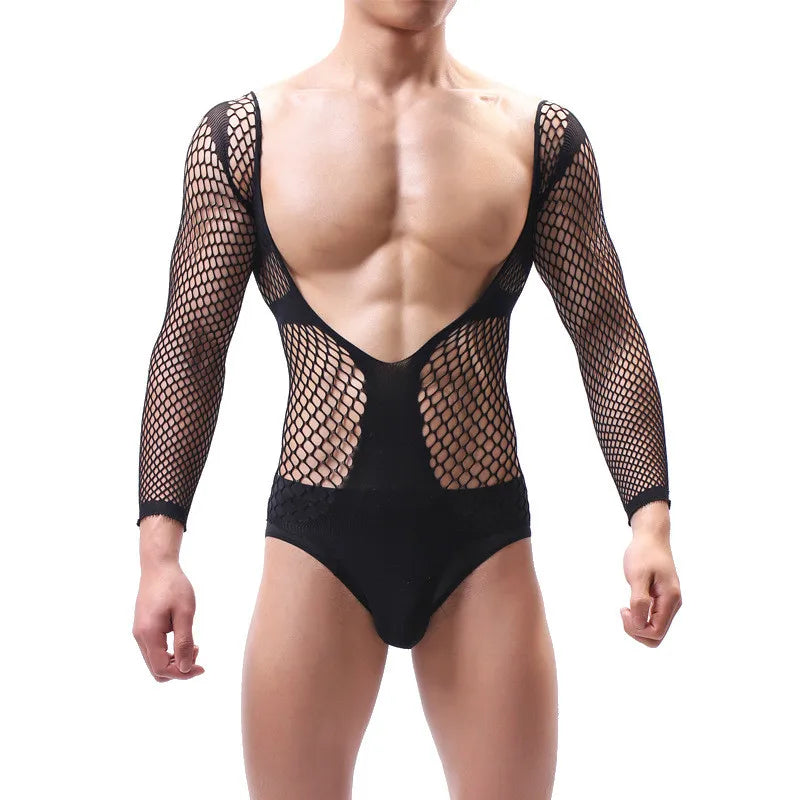 Sexy One-Piece Men's Bodysuit Double-Sided Wear Mesh Lace Hollow out Uniform Temptation Bodysuit for Adults