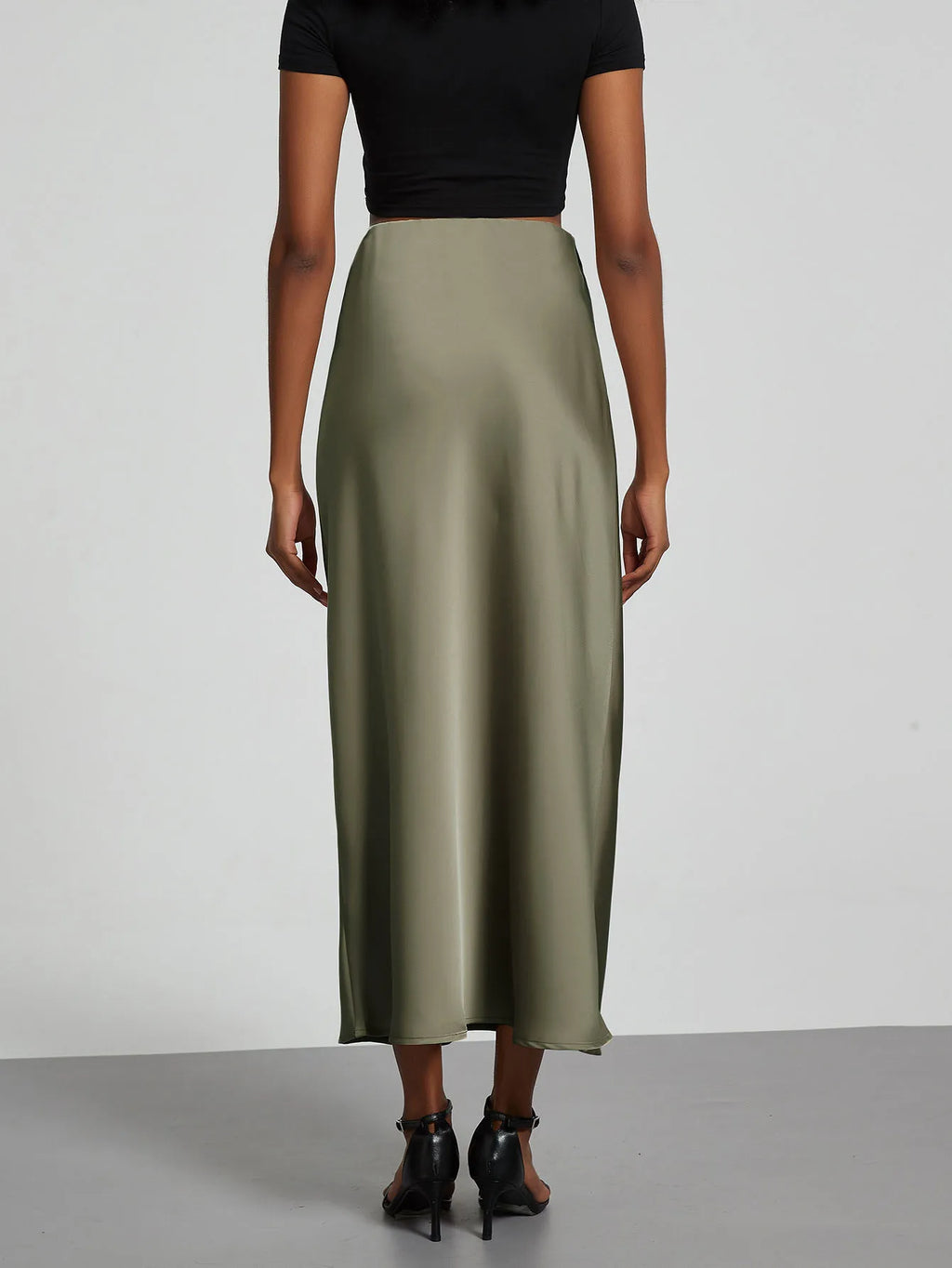 Minimalist Satin Midi Skirt  High Waist Bias Cut Flowy Hem Top for Office & Casual Streetwear