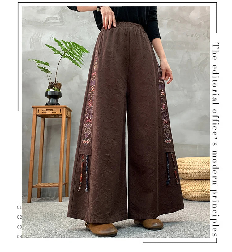 Ele Embroidered Cotton Linen Wide Leg Pants Women's Casual High Waist Trousers Spring Autumn New Sle Comfortable Loose Fit