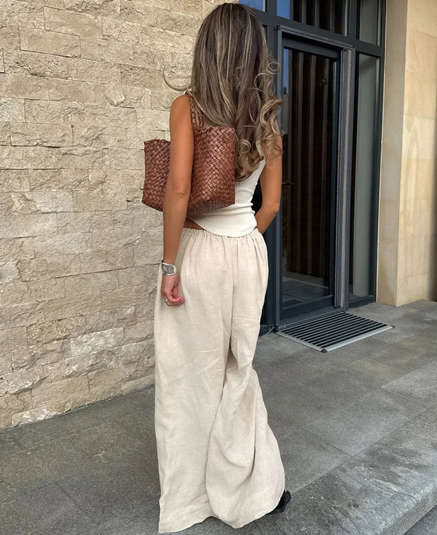 2025 Summer Linen Wide Leg Pants Women Casual Loose Pocket Trousers Office Commuter