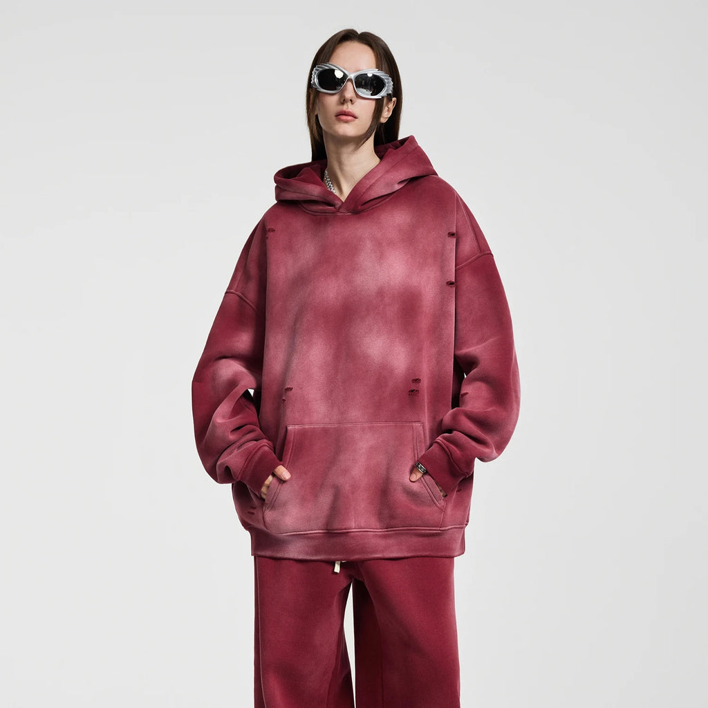 Oversized Hoodies Men Vintage Streetwear Acid Wash Ripped Hoodie Heavyweight Fleece Sweatshirt Pullover Thickened Winter Clothes