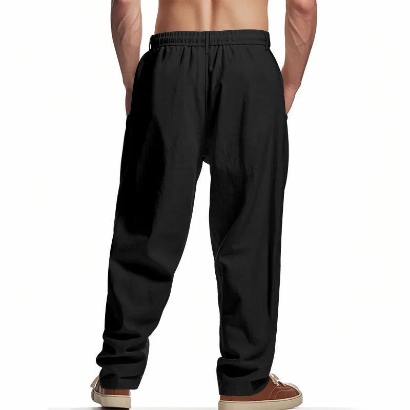 Men's Boho Linen Blend Wide Leg Pants High Waist Drawstring Button Fly Loose Fit Trousers with Side Pockets