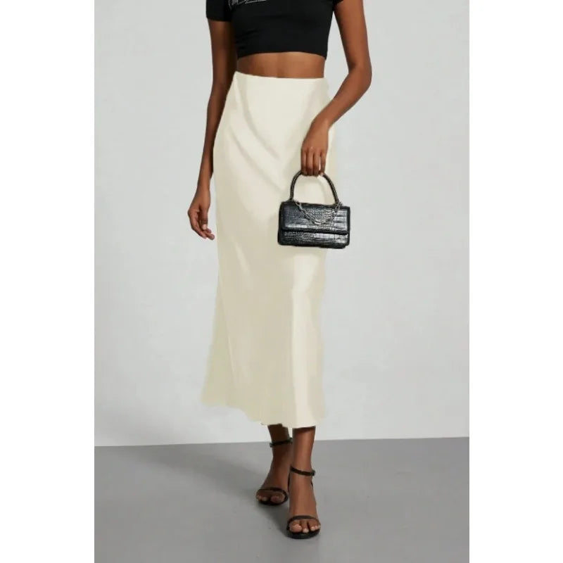 Women's Summer High Waist Silky Satin Draped Midi Mermaid Skirt Solid Flowly Bias Cut Long Slip Skirt Elegant Casual Bottoms