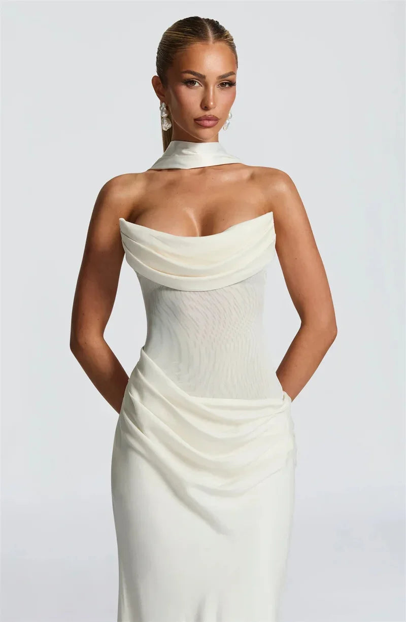 Off-shoulder Backless Sexy Maxi Dress Women Gown Elegant Scarf Collar Strapless Sleeveless Bodycon Club Party Dresses