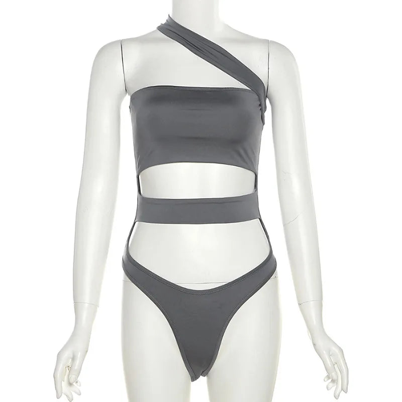 Solid Black Bodysuit Lingerie Sexy Tops For Women Club Outfit Inclined Collar Body Feminino One-pieces Hollow Out Y2k Clothes