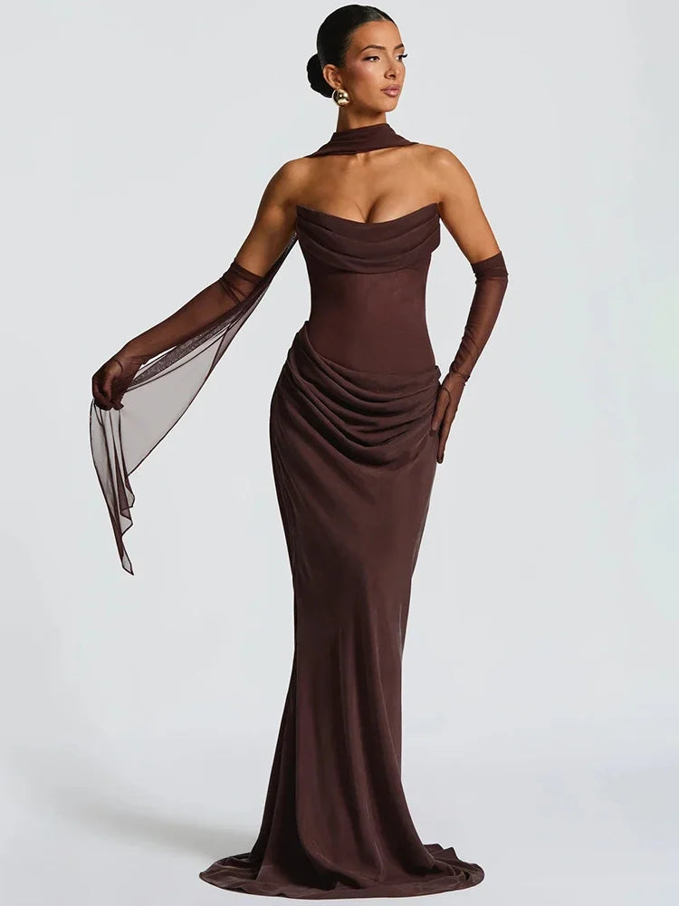 Off-shoulder Backless Sexy Maxi Dress Women Gown Elegant Scarf Collar Strapless Sleeveless Bodycon Club Party Dresses
