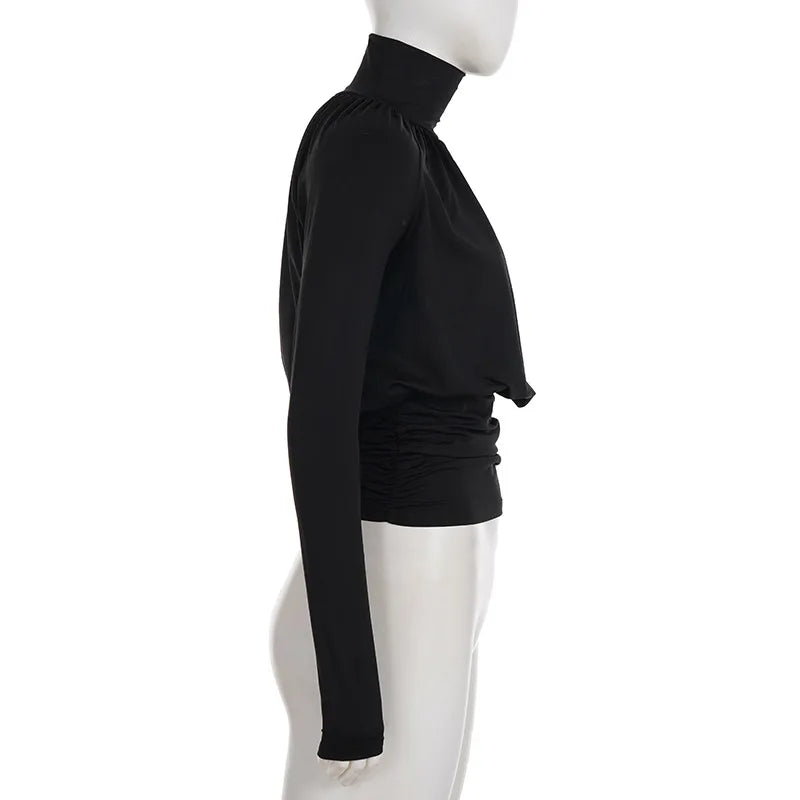 Solid Black T Shirts For Women Elegant Clothes Turtleneck Camisetas Lady Tops Long Sleeve Ropa De Mujer Shirring Feminist Shirt