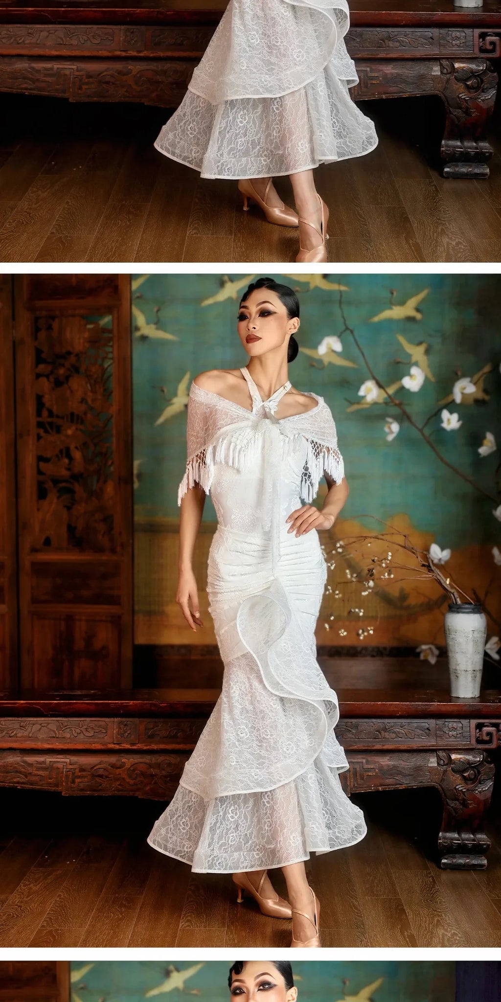 customized double layered curved neck and strapless professional modern Latin dance outfit jumpsuit set bodysuit long skirt