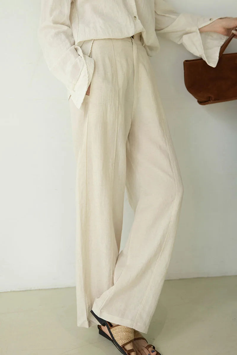Women's Linen Lyocell Blend Wide Leg Pants Solid Color Versatile Casual Loose Straight Pants Spring Summer High Waist Trousers