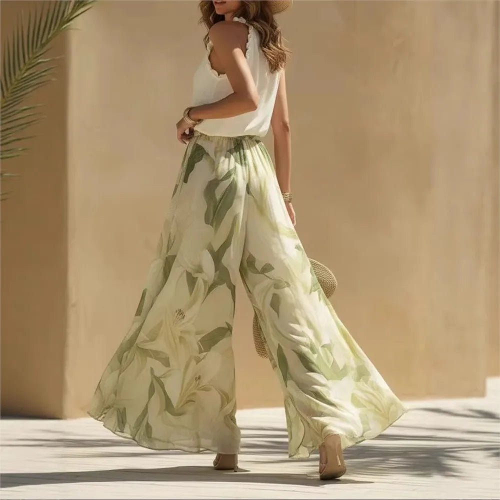 Ruffle Fashion Printed Trousers 2-piece Set Spring Summer New Women's Sexy V-neck Halterneck Waist Trousers Set Костюм Женский