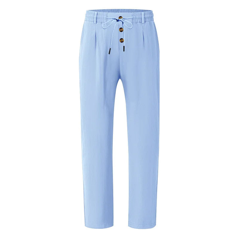 Men's Boho Linen Blend Wide Leg Pants High Waist Drawstring Button Fly Loose Fit Trousers with Side Pockets