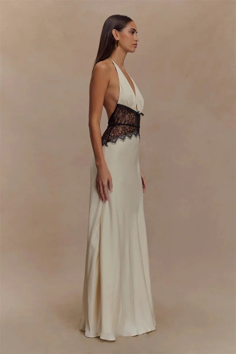 2025 Summer Backless Sexy Maxi Dress Women White Black Gown Lace Patchwork Halter Deep V Neck Sleeveless Party Club Long Dresses