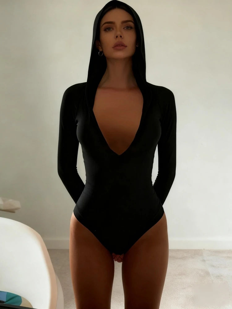 Hooded Bodysuit V-neck Body Feminino Long Sleeve Lingerie Sexy Tops Women Y2k Clothes Solid Black One-pieces Bustier Rave Outfit