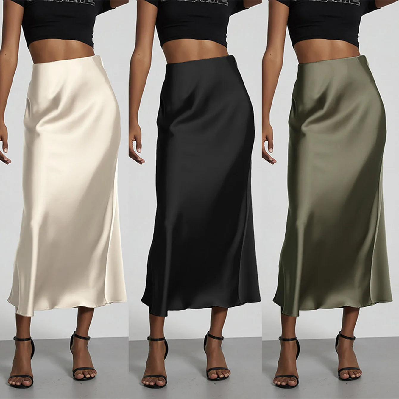 Minimalist Satin Midi Skirt  High Waist Bias Cut Flowy Hem Top for Office & Casual Streetwear