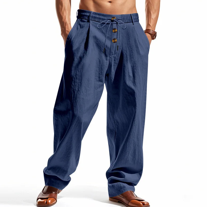 Men's Boho Linen Blend Wide Leg Pants High Waist Drawstring Button Fly Loose Fit Trousers with Side Pockets