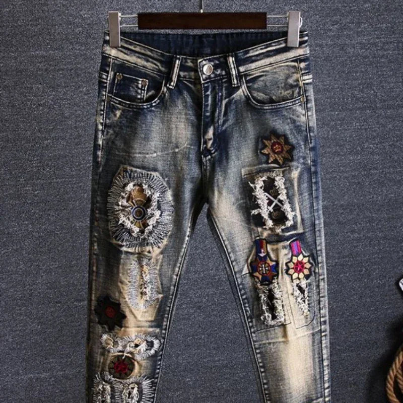 Trousers Torn Men's Jeans Embroidery Man Cowboy Pants with Holes Graphic Broken Ripped Cropped Retro Luxury Plus Size Cheap Goth