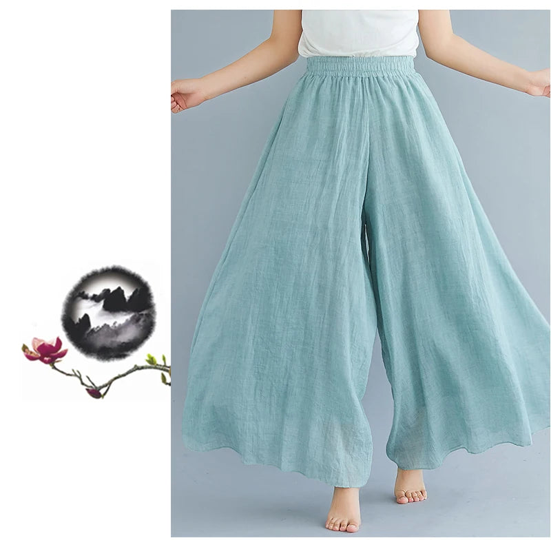 Cotton Linen Wide Leg Pants for Women Summer Casual Loose Pants High Waist Big Swing Skirt Capris Women Clothing PT-565