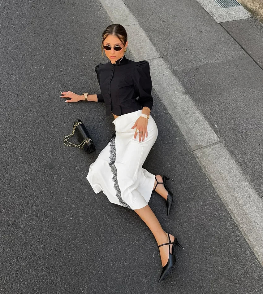 Satin Midi Skirt with Lace Trim Color Block A-Line High Waist Office Elegant French Style Dressy Casual Skirt for Women Fall