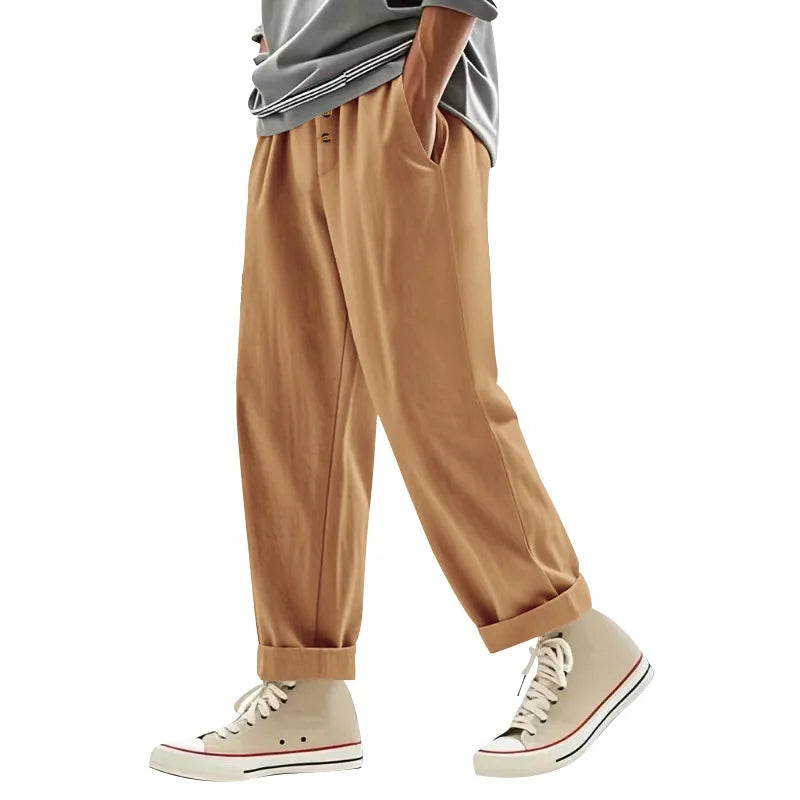 Men's Boho Linen Blend Wide Leg Pants High Waist Drawstring Button Fly Loose Fit Trousers with Side Pockets