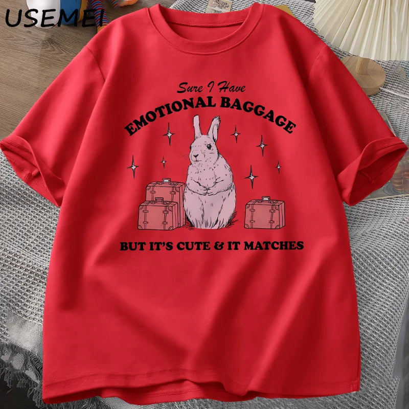 Sure I Have Emotional Baggage Funny Mental Health T Shirts Women Men Vintage Rabbit Tee Shirt Summer Short Sleeve Graphic Tees