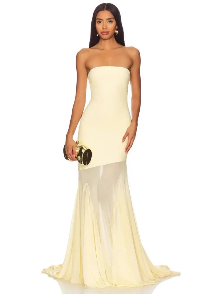 Off-shoulder Strapless Sexy Maxi Dress Women Gown Fashion Elegant Mesh Sleeveless Backless Bodycon Club Party Dresses 2025