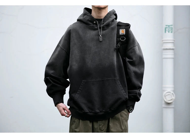 Mens Heavyweight Cotton Hoodie Oversized Streetwear Spring Autumn Garment Dyed Washed Ombre Pullover High Quality Sweatshirt