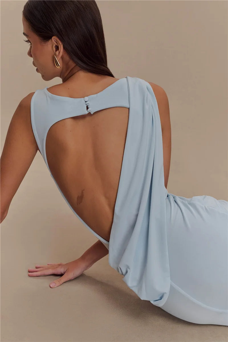 Backless Ruched Sexy Maxi Dress Women Summer O Neck High Split Bodycon Elegant Long Dress Fashion Gown Sleeveless Dresses 2025