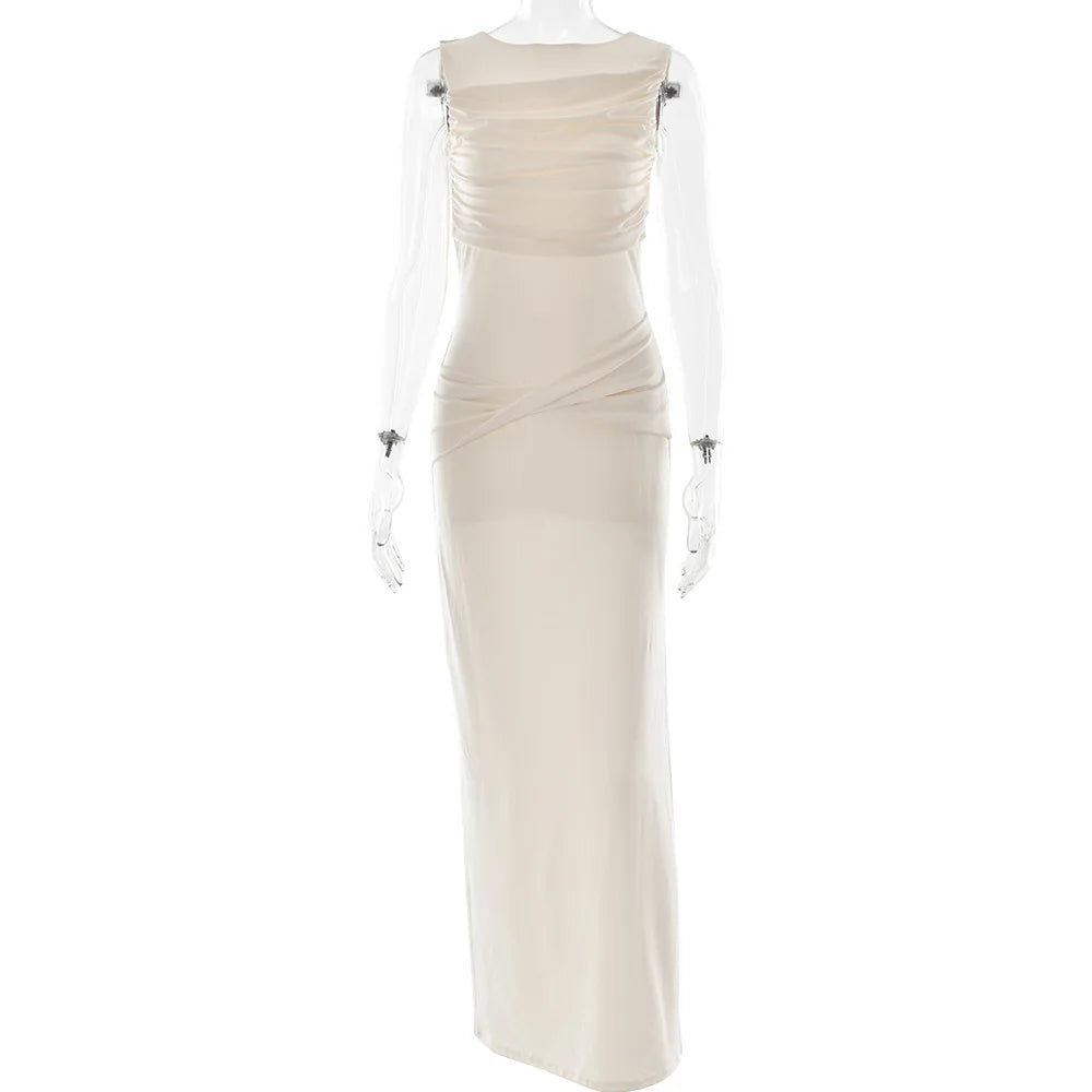 Backless Ruched Sexy Maxi Dress Women Summer O Neck High Split Bodycon Elegant Long Dress Fashion Gown Sleeveless Dresses 2025