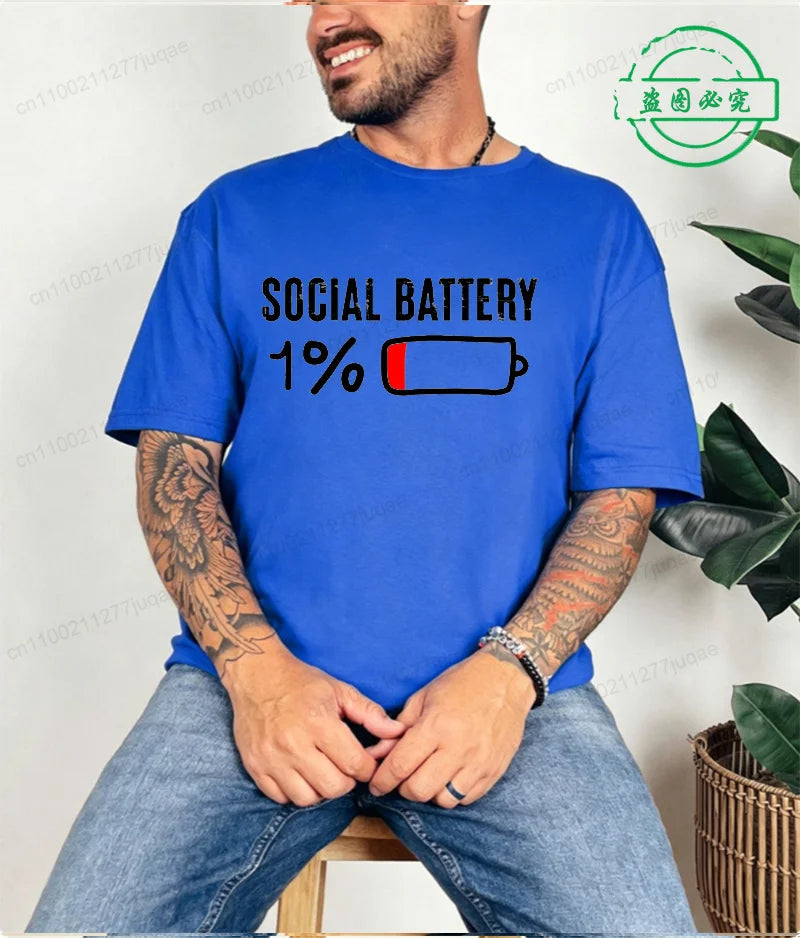 T-shirt for Men Social Battery 1 Percent Funny Introvert T Shirt Men Tops Casual Clothing Oversize Vintage Clothes Trend Tshirt