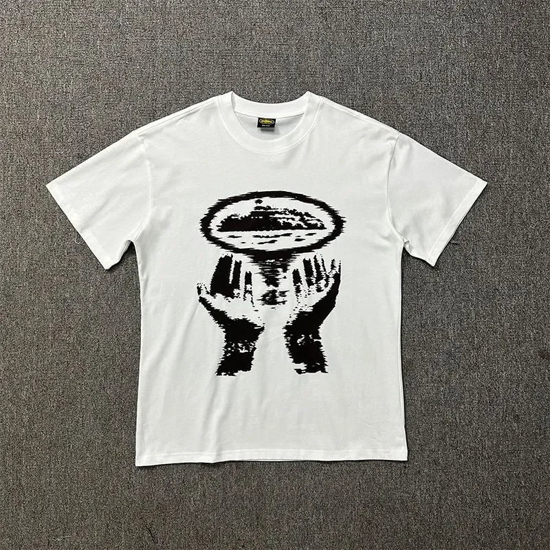 Vintage Abstract Hands Print T-Shirt Men Women Unisex Drill Streetwear Graphic Tee American high street fashion clothing