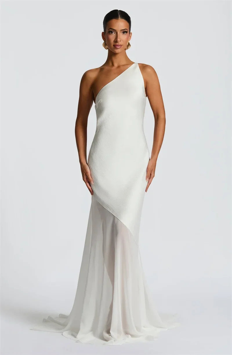 One Shoulder Backless Sexy Maxi Dress Women Gown Fashion Patchwork Sleeveless Bodycon Club Party Long Dress Elegant