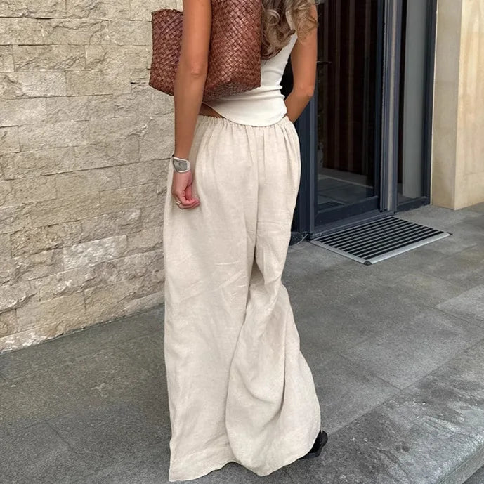 2025 Summer Linen Wide Leg Pants Women Casual Loose Pocket Trousers Office Commuter