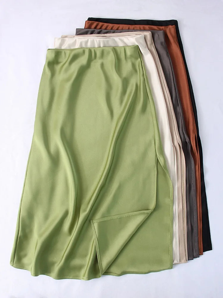 Green Satin Midi Skirts For Women Summer Elastic High Waist A Line Slit Skirt Midi Satin Silk Women Skirt With Slit Summer 2024
