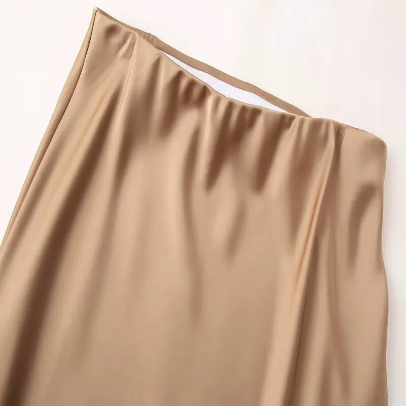 Silk Satin High Waist Slimming Casual Midi Skirt Pure Color Spring 2025 Women's Faion f-length A-line Skirt