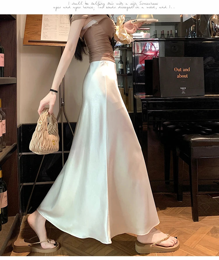 Satin Midaxi Skirt For Women Flowy Mermaid Trumpet Hem, High Waist, A Line Fit Spring Summer Autumn New Skirts